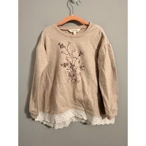 Matilda Jane Floral Sweatshirt Girls 6 Tan Lace Trim Eyelet Cottagecore NEW